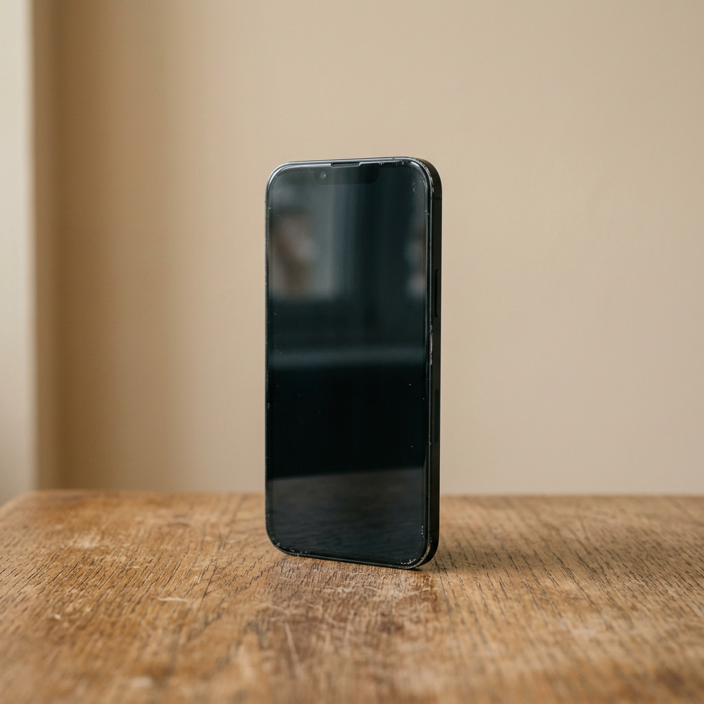 A used smartphone standing on a wooden table, the one photo of a sample listing